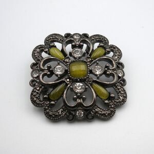 Vintage Gunmetal Openwork Filigree Brooch Olive Green Enamel Rhinestone Pin 1.5”